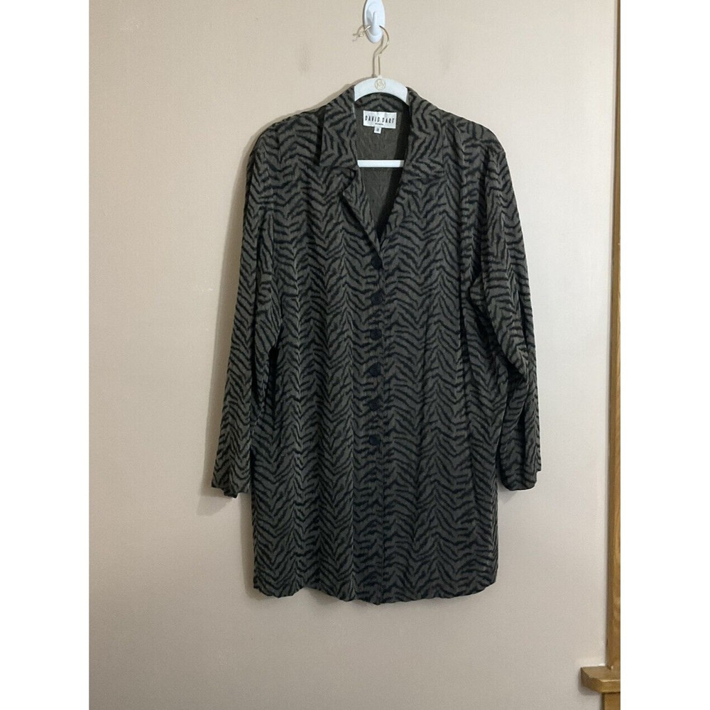 VTG 90s David Dart Womens Button Down Tunic Shirt Sz 1x Grey Animal Print Tencel